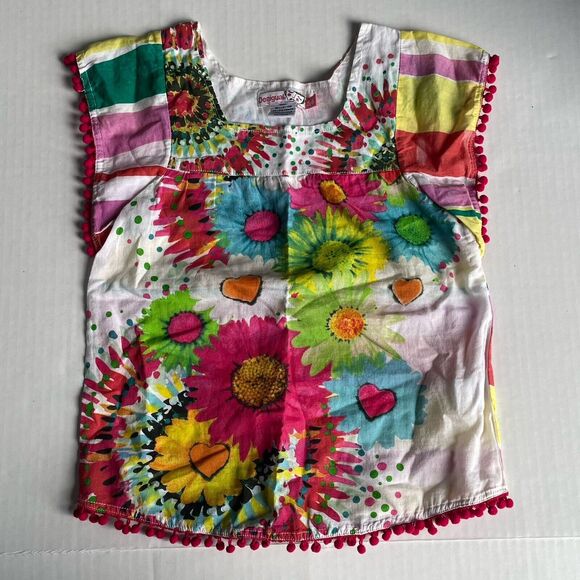 Desigual Other - Desigual Tunic Top Big Girls 5/6 Colorful Floral Striped Top Pom Pom Trim Cotton